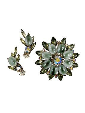 Celebrity Gray Cabochon & AB Rhinestones Brooch Earrings Set Vintage Jewelry